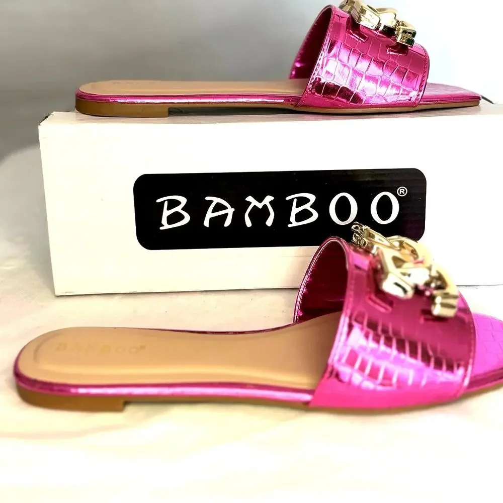 Bamboo Buzzing-13 Slide Sandals Womens 8.5 Hot Pink Metallic Gold Chain NIB